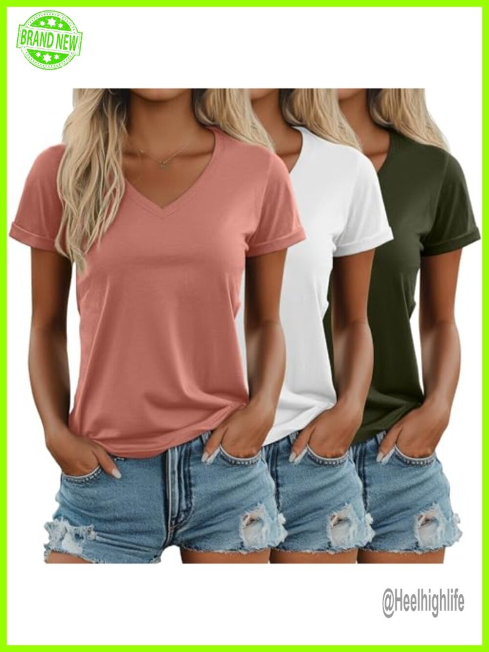 Ficerd 3 Pack Womens V Neck Short Sleeve T Shirts Rolled Sleeve Summer Tops